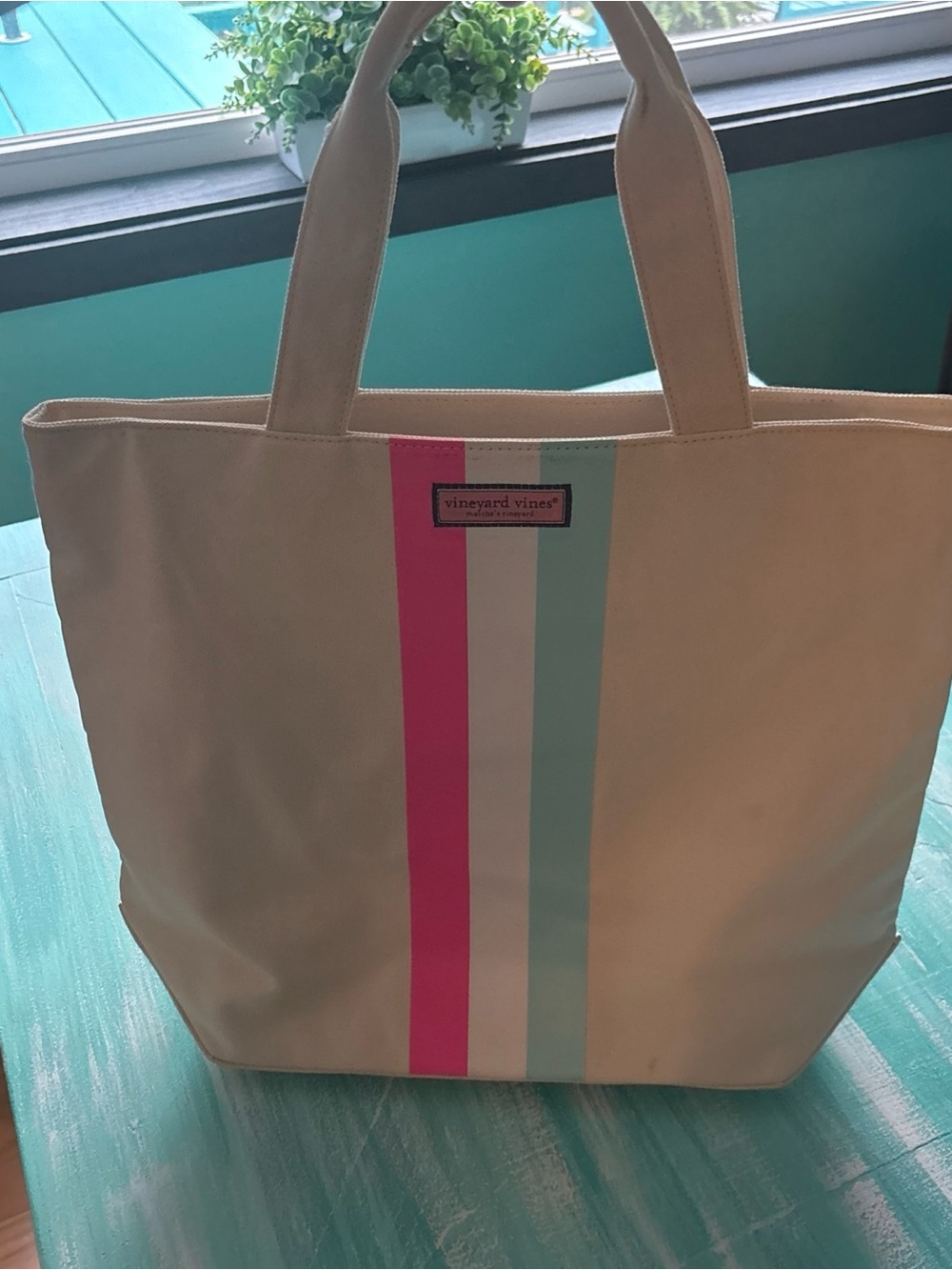 Vineyard Vines Cream Tote with Pink and Aqua Stripes